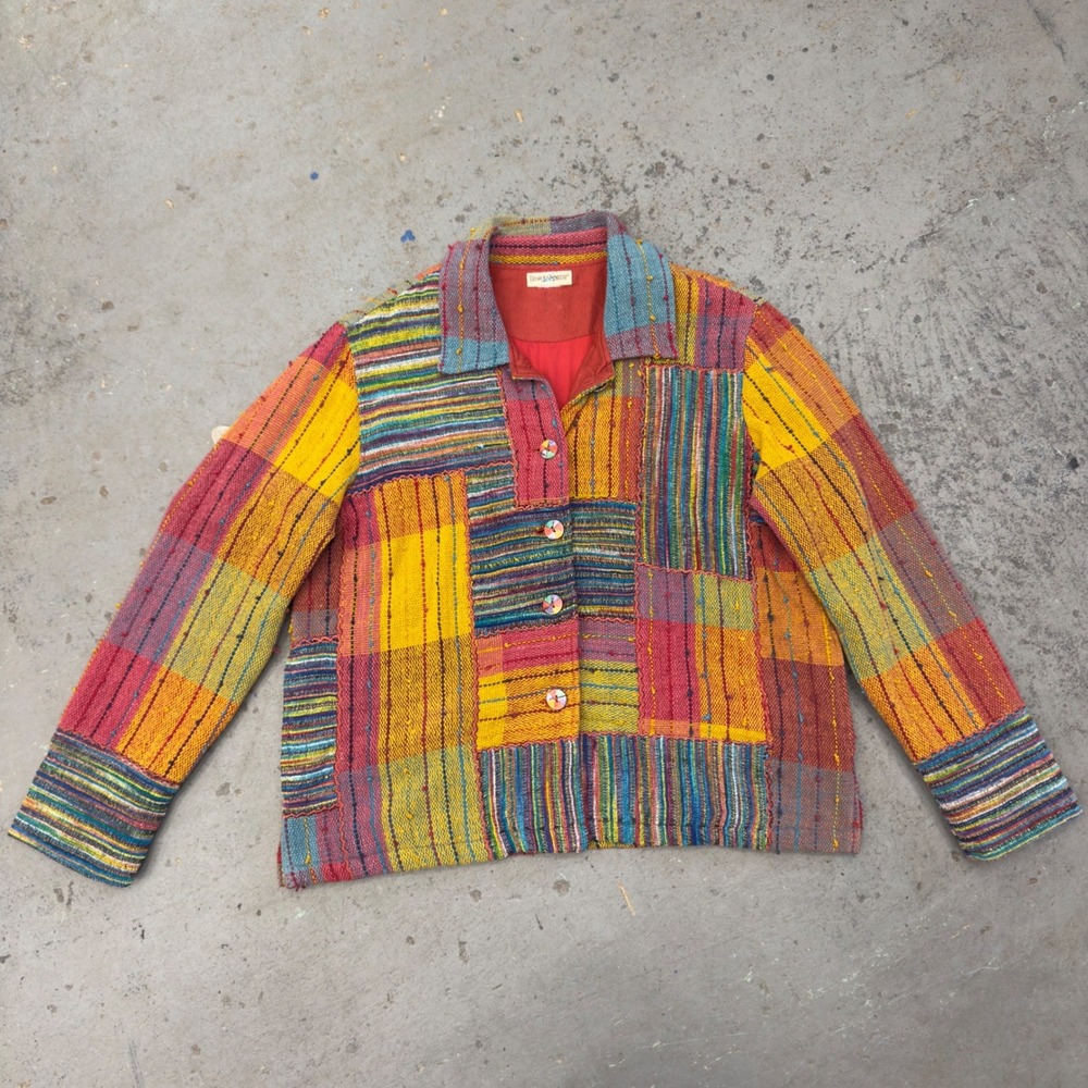TravelSmith Womens Patchwork Woven Jacket Multicolor Boho Art to Wear Large